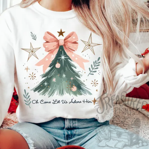 Oh Come Let Us Adore Him- Pink Bow Tree