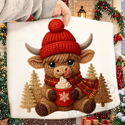 Crochet Yarn Christmas Highland Cow Tee
