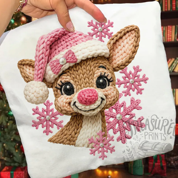 Pink Christmas Reindeer Yarn-look Tee