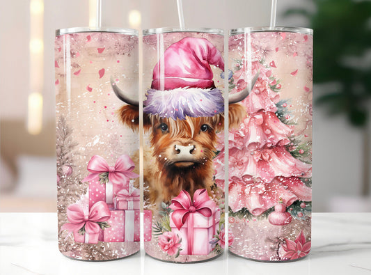 Pink Christmas Highland Cow 20oz Tumbler