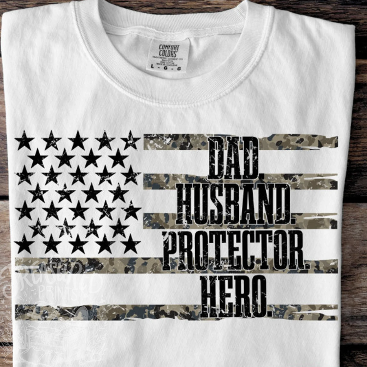 Husband,Dad, Protector, Hero Camo Flag Tee