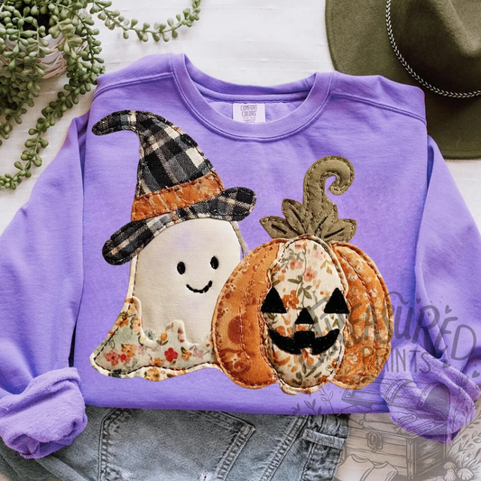 Patchwork Look Boo & Pumpkin Tee