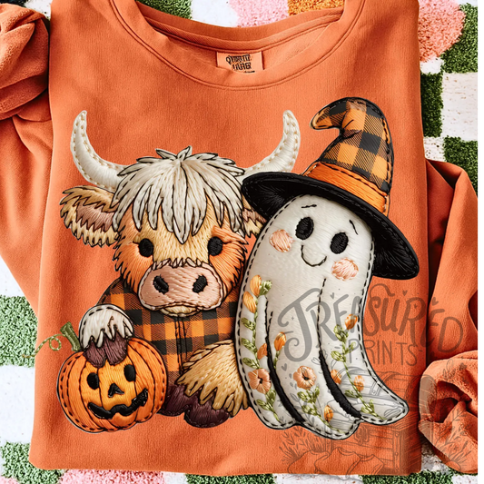 Faux Embroidery Applique Highland Cow & Boo Tee